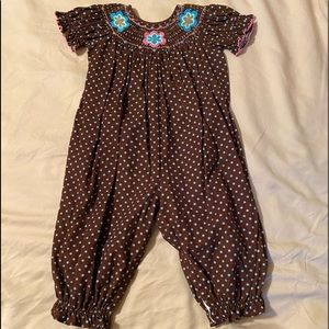 Petite Palace brown polka dot  smocked romper